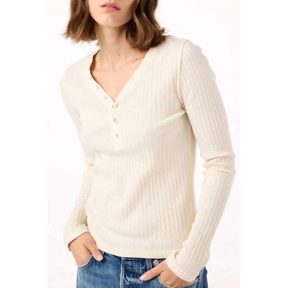 AMO Long Sleeve Henley Top Womens Size S Cream Excellent Ribbed Cotton Stretch